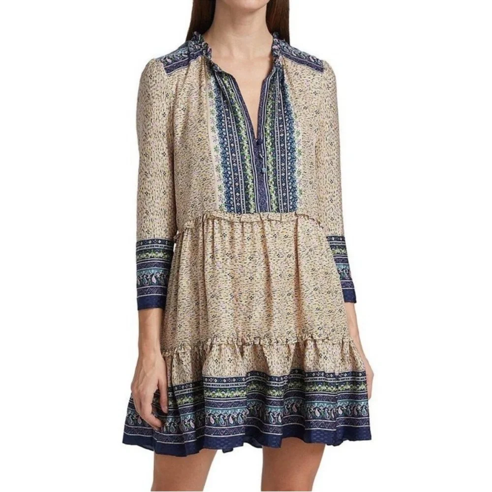 Veronica Beard 100% Silk Lumi Printed Peasant Midi Mini Ruffle Dress 6